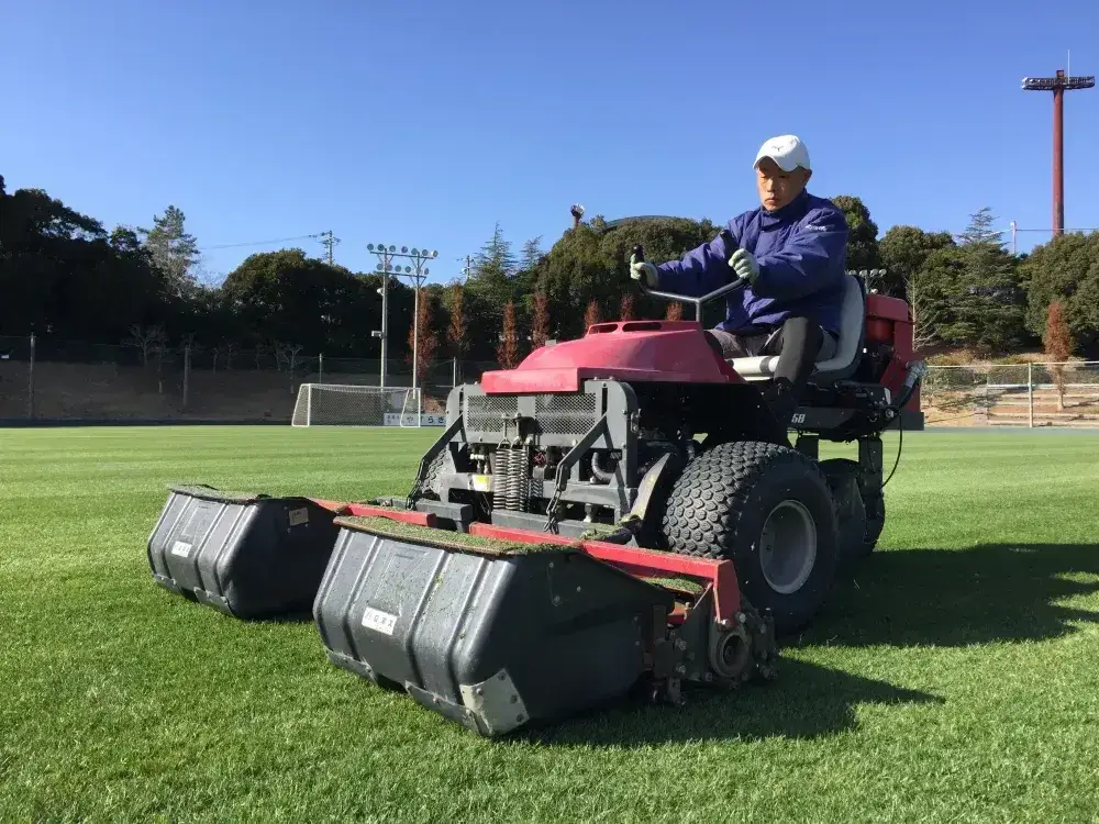 乗用芝刈機での芝刈の様子
